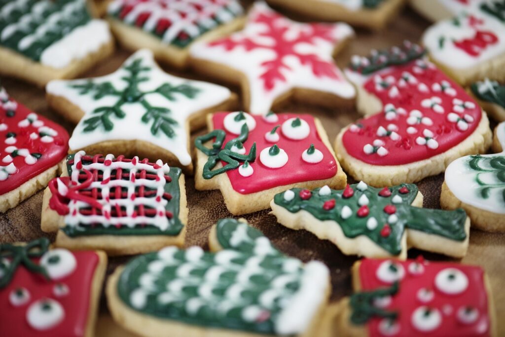 christmas cookies with different colors and shapes