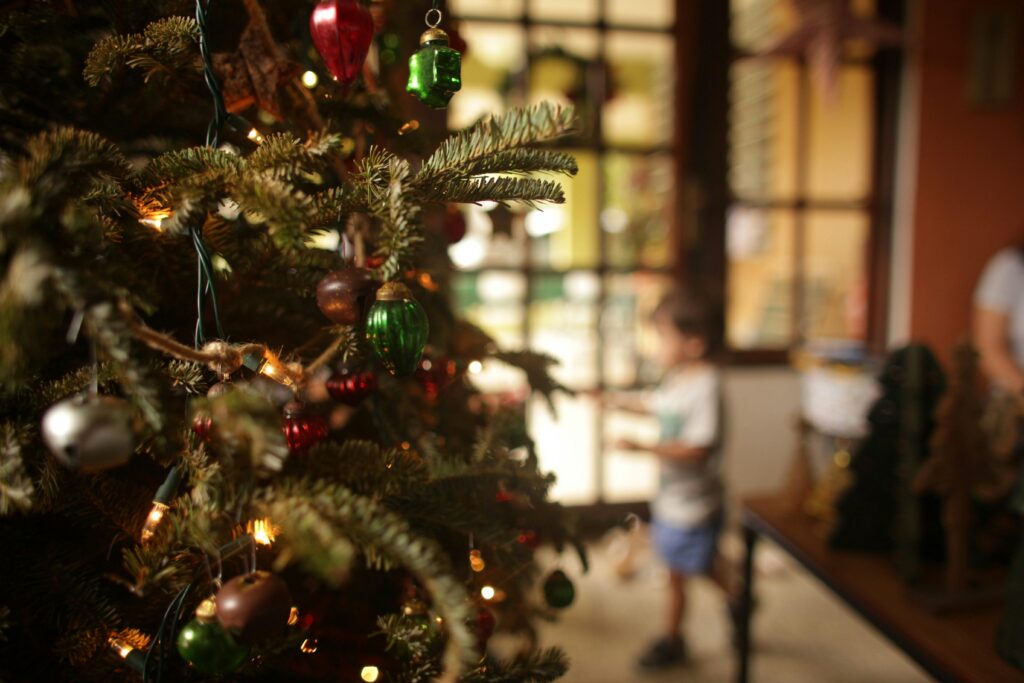a christmas tree near a boy